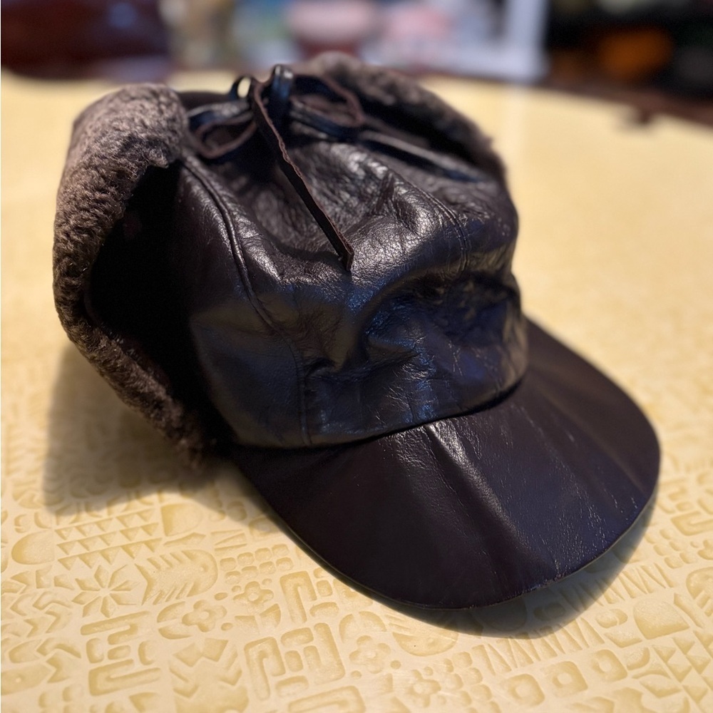 Vintage Men's Brown Leather Cap with Ear Flaps